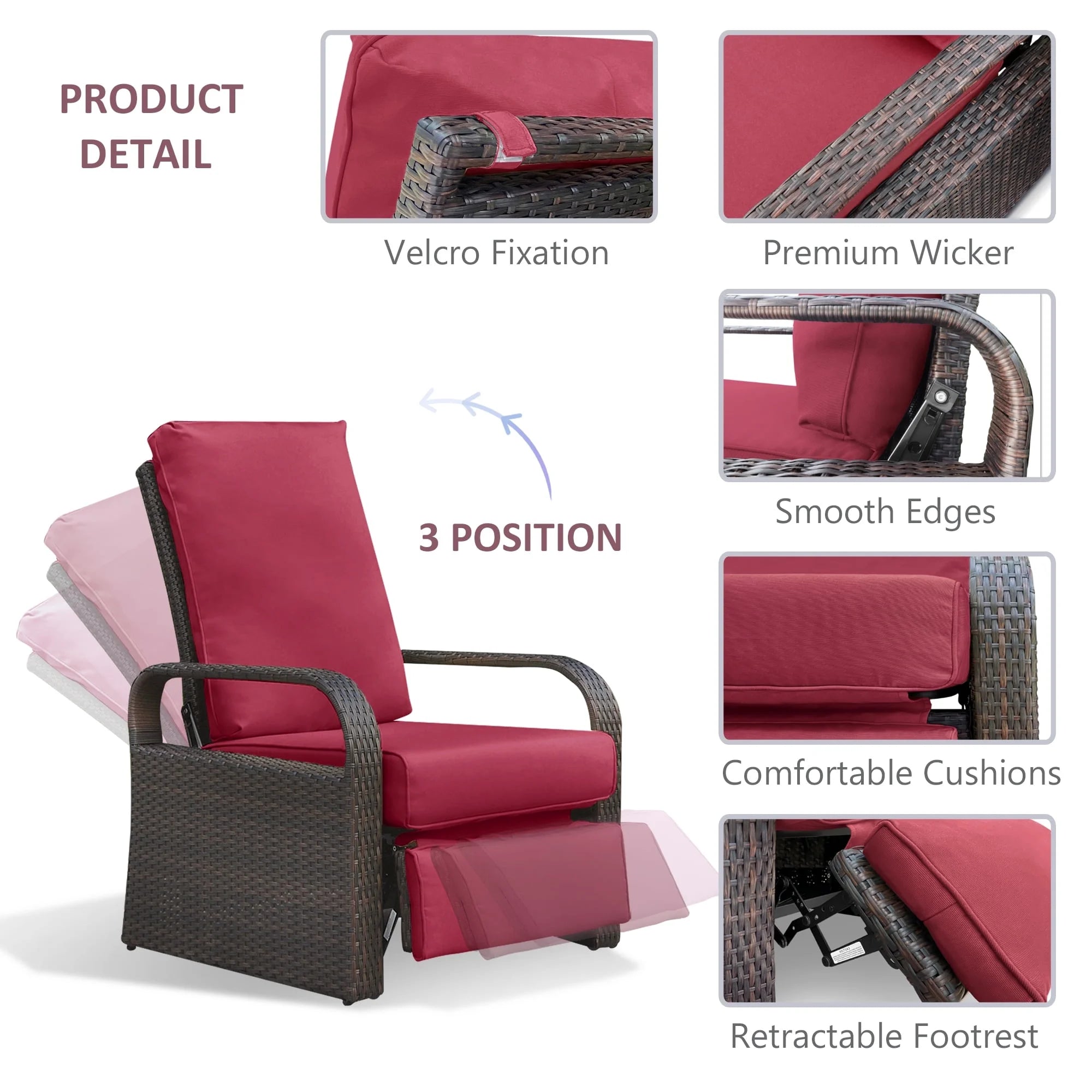 Red Resin Wicker Recliner Chair with Footrest M36029