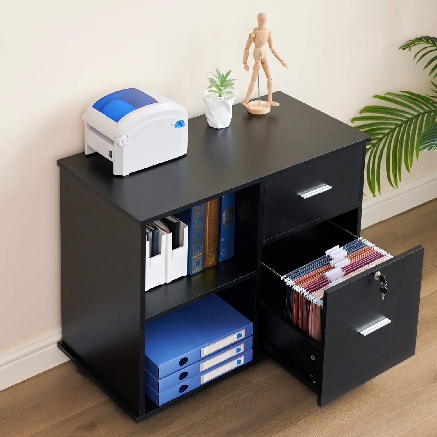 L Shaped Desk and File Cabinet with Open Storage Shelf B6004
