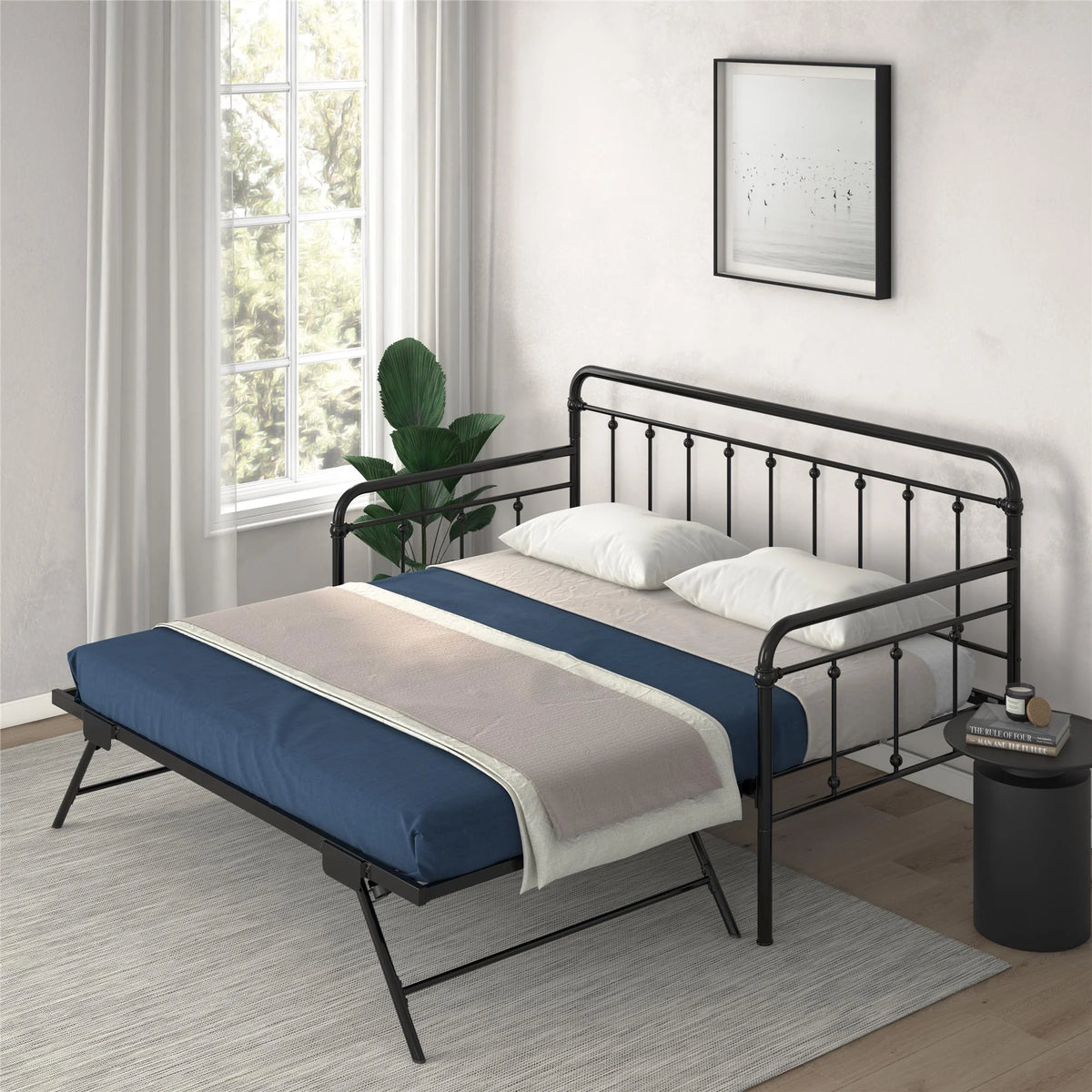 Twin Black Metal Daybed with Pop Up Trundle Bed A734