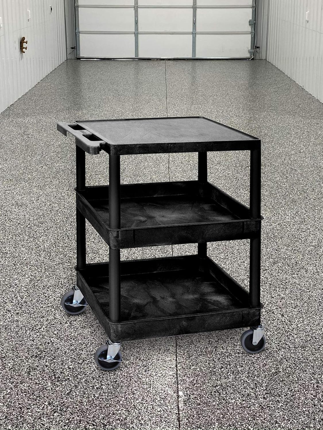 Black Mobile Multipurpose Utility Cart with Flat Top and Ergonomic Push Handle W41472