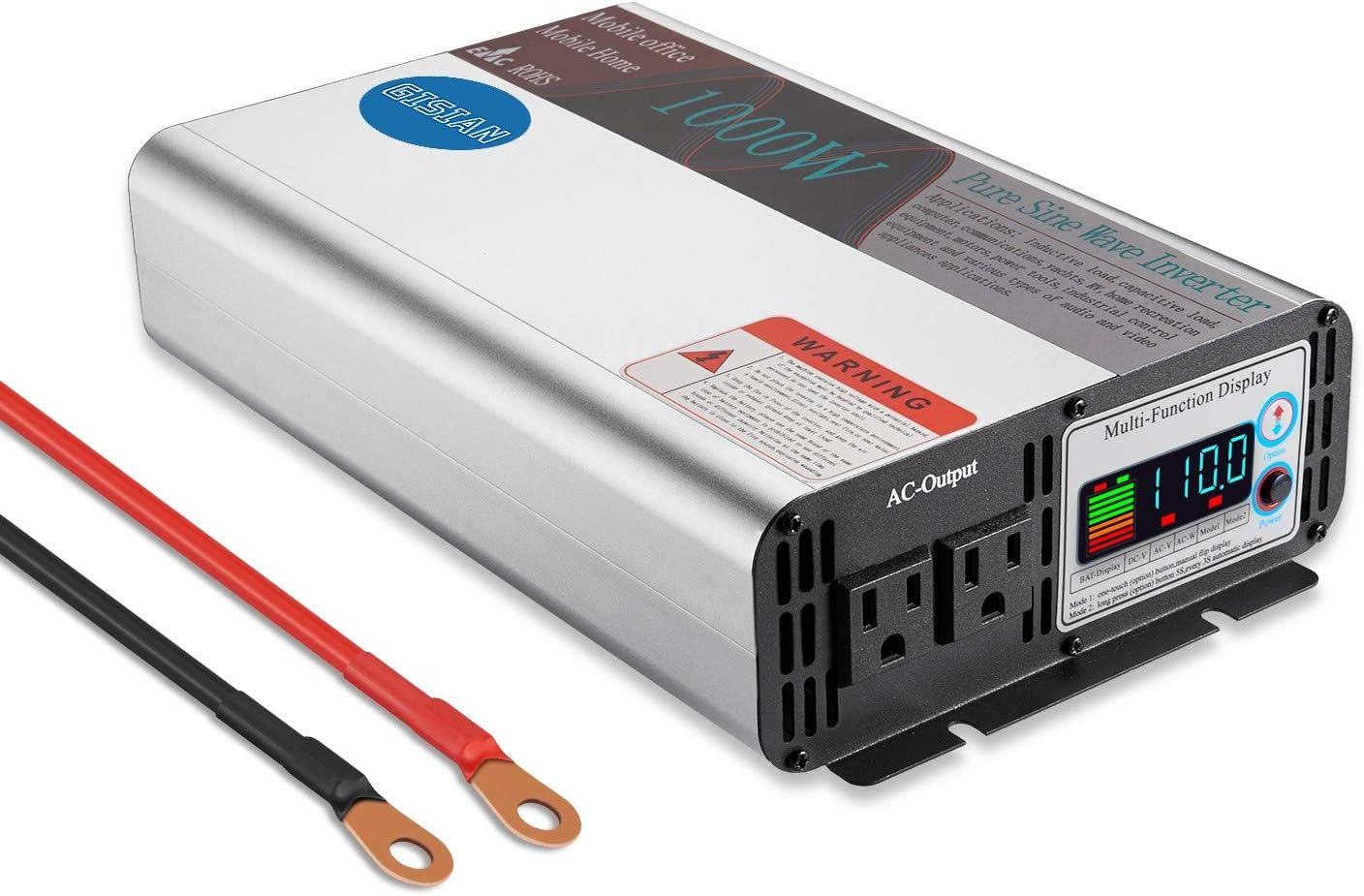 1000W Pure Sine Wave Power Inverter 12V DC to 110V AC with LCD Display 2 AC Outlets E745684