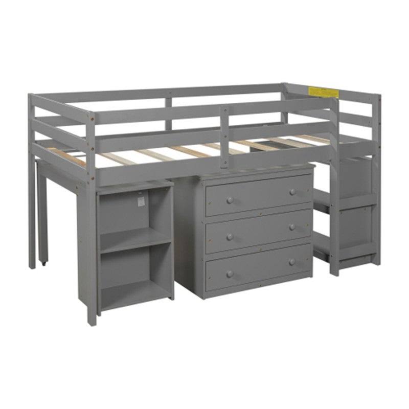 Gray Twin Size Wooden Loft Bed with Rolling Desk and Cabinet C59307