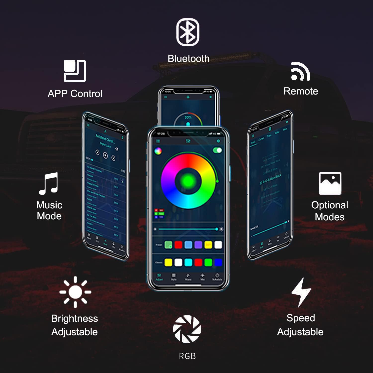 6 Pods RGB LED Rock Lights + 4Pcs RGB Interior LED Lights, Waterproof Music Colors Changing Modes APP Remote Control Neon LED Light Kit N9160
