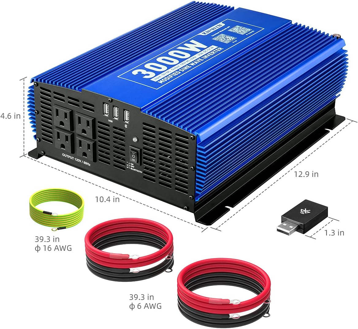 3000W Power Inverter DC12V to 110V AC Car Inverter with 4AC Outlets 2USB Port E6688