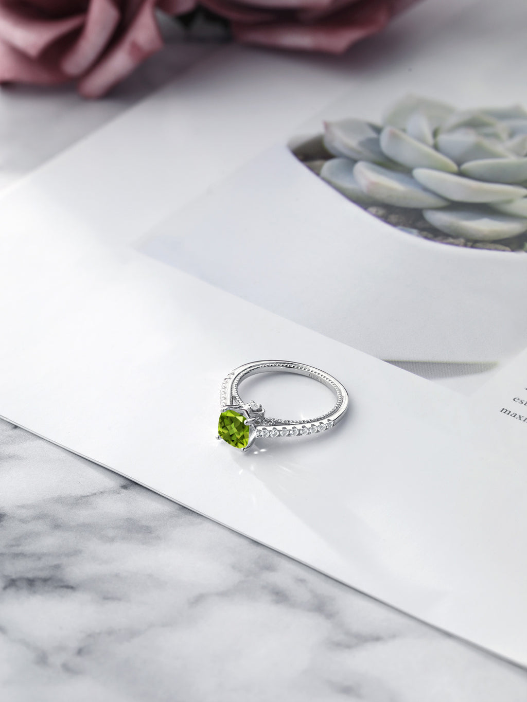 925 Sterling Silver Green Peridot and White Created Sapphire Engagement Ring F240539