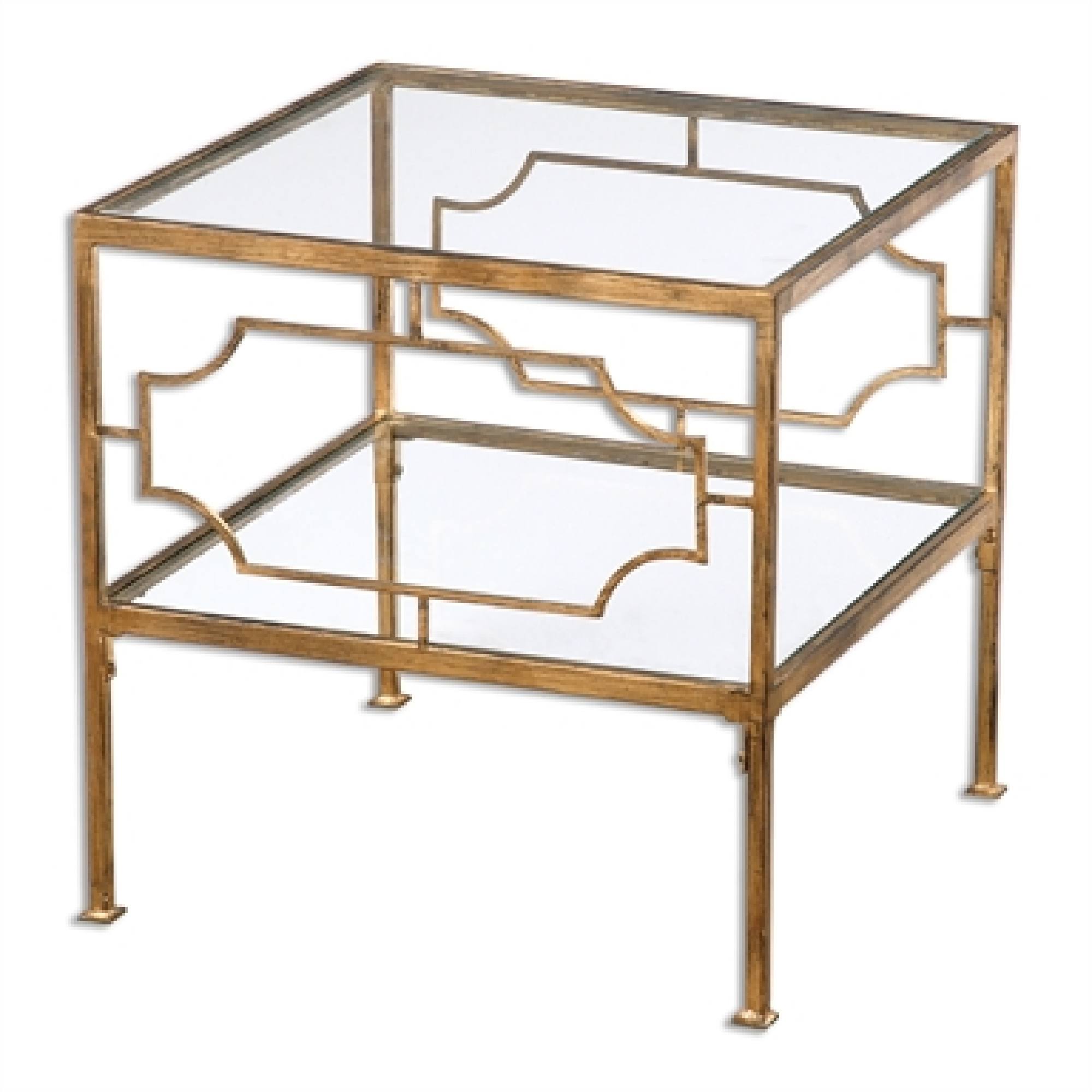 Gold Leafed Metal and Clear Tempered Glass Cubed Accent End Table K13734