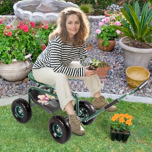 Blue Garden Cart with Rolling Work Seat Tool Tray and Storage Basket on Wheels E480100
