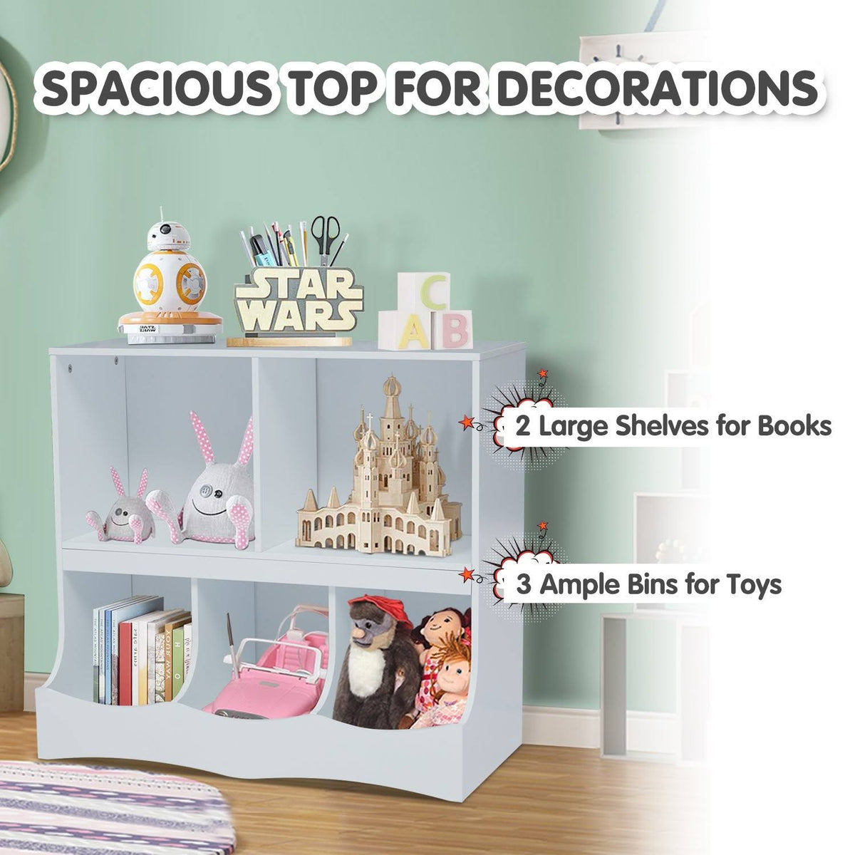 Kids Multi-Bin Storage Organizer Cabinet Bookcase with 2 Shelf and 3 Bin Cubby Unit N3334