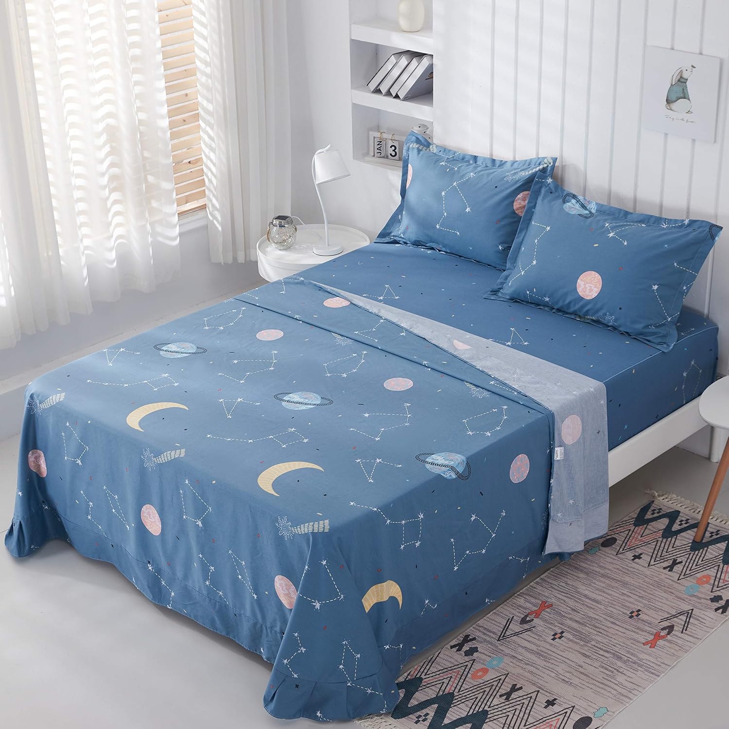 White Printed Cotton Bed Sheets, 4 Pcs, Full D211385