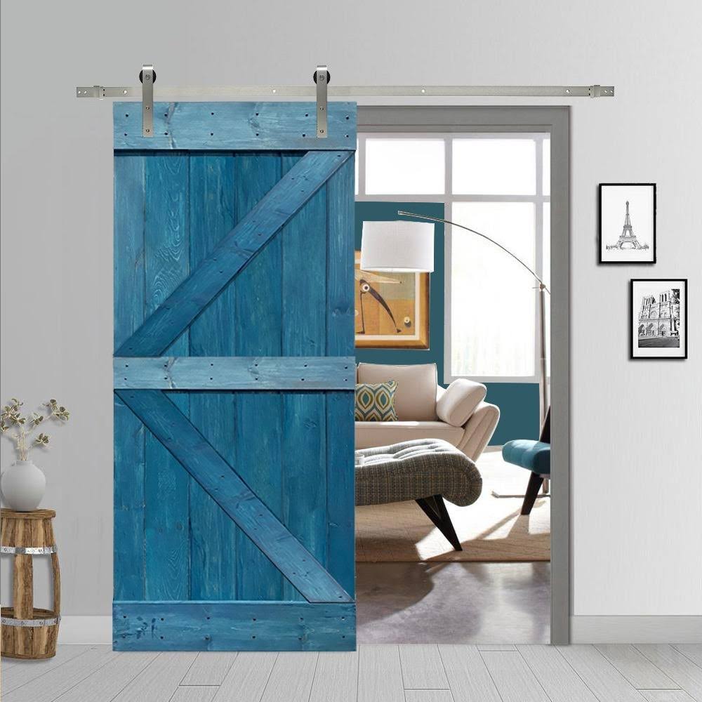 Solid Ocean Blue Stained Pine Wood Interior Sliding Barn Door with Hardware Kit J6871