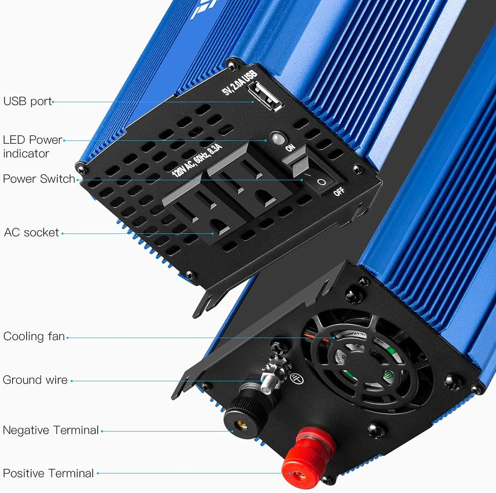 3000W Power Inverter DC12V to 110V AC Car Inverter with 4AC Outlets 2USB Port E6688