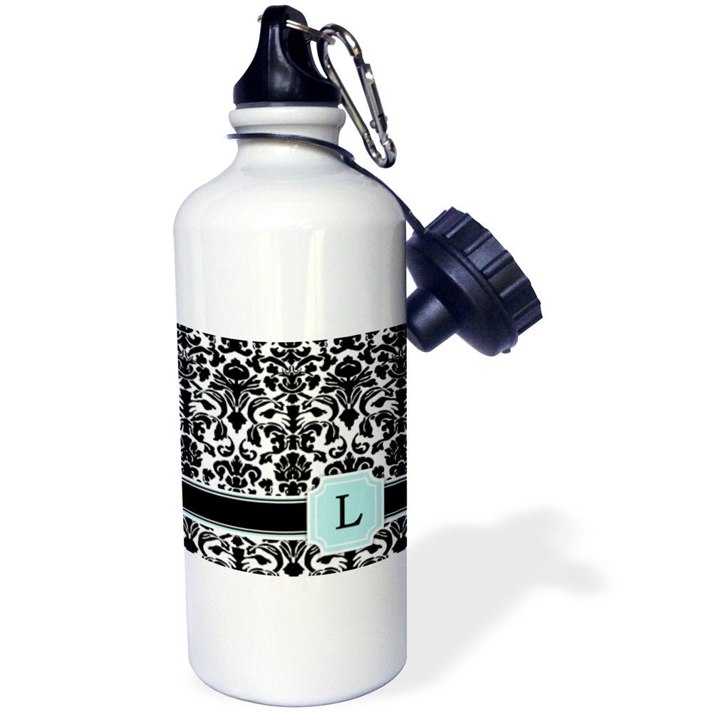 Mint Blue Black and White Damask Pattern Straw Water Bottle, 21-ounce B249