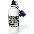 Mint Blue Black and White Damask Pattern Straw Water Bottle, 21-ounce B249