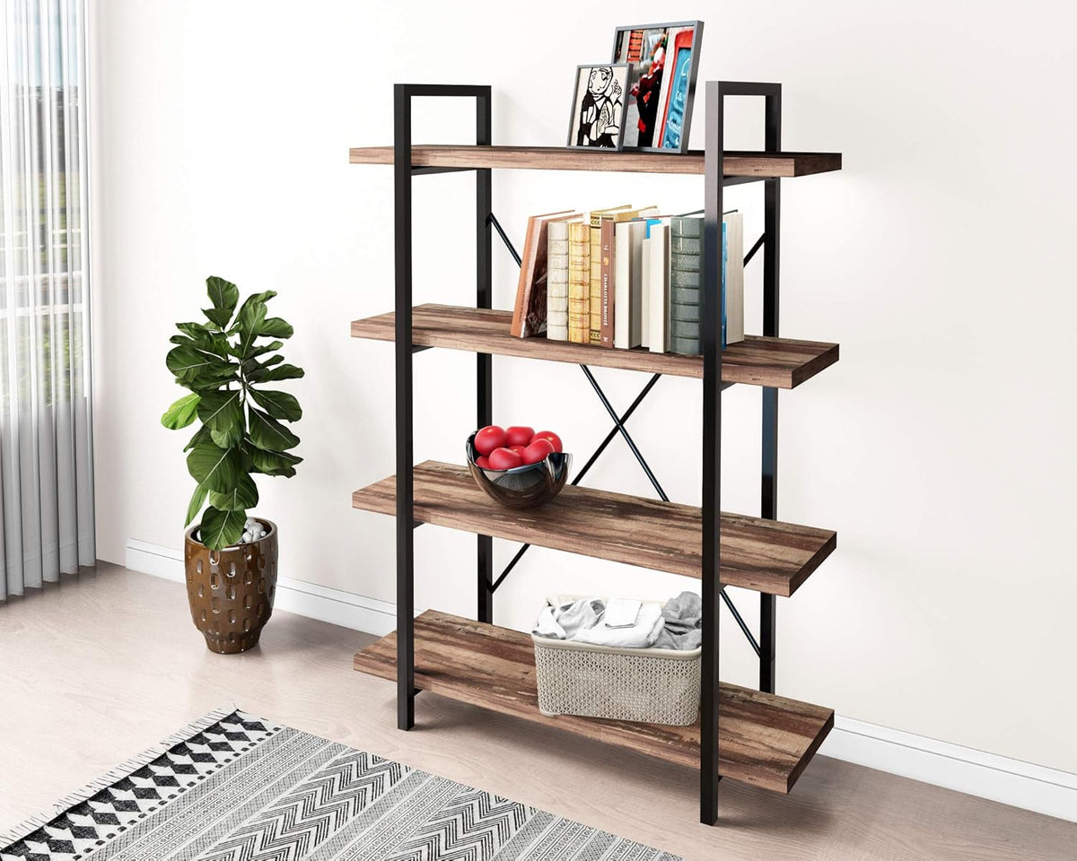 Vintage Brown 4-Tier Metal and Wood Bookshelf F16114