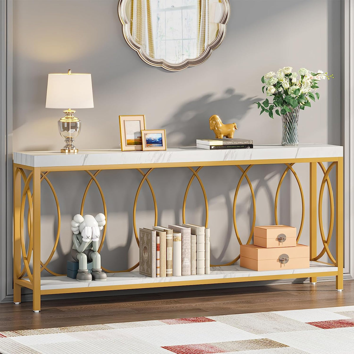 White Gold 2-Tier Faux Marble Console Table Z335