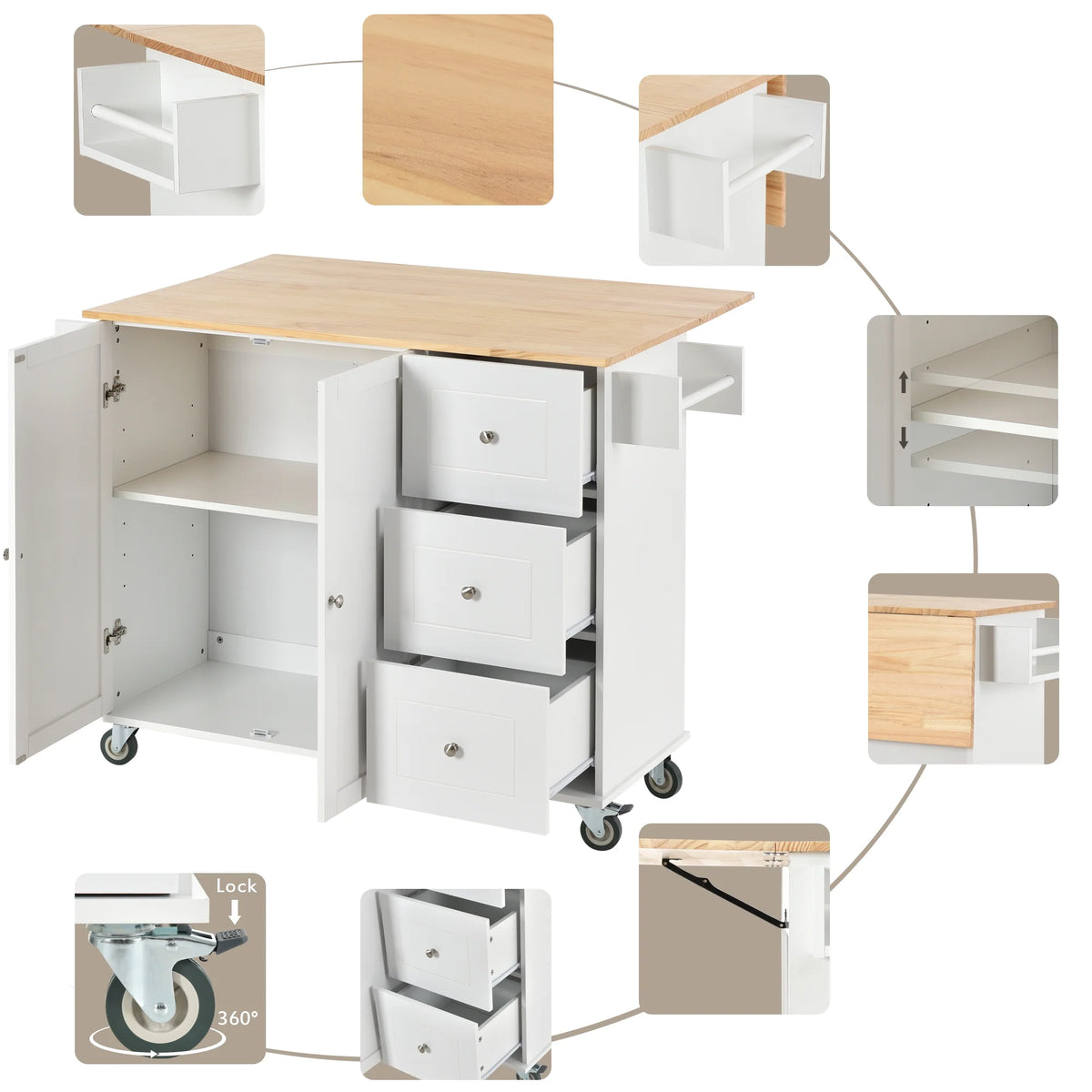 White Dining Island Cart with 2 Lockable Wheels and Drop-Leaf Tabletop G151611