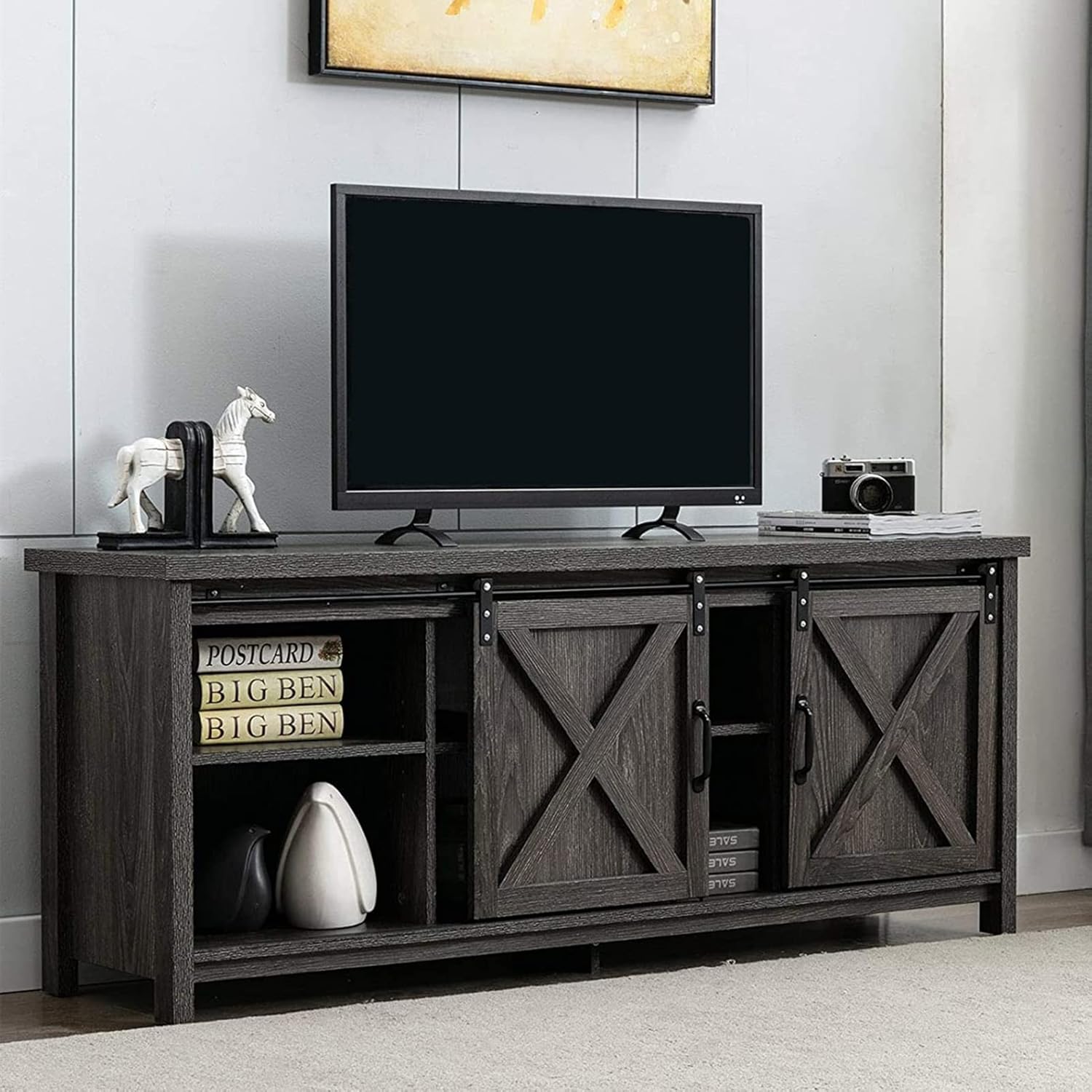 Farmhouse TV Stand with Sliding Barn Door and Storage Cabinet C13828