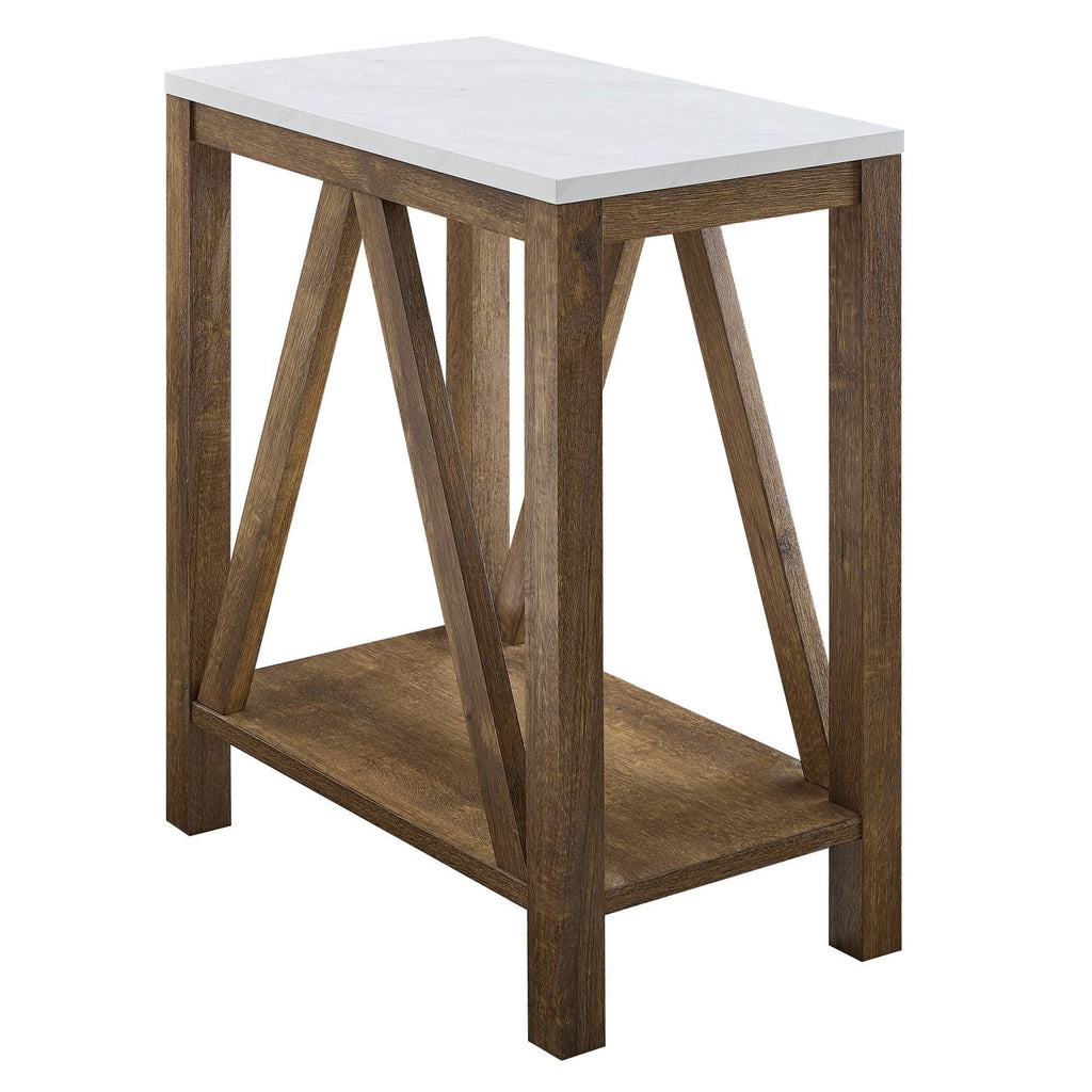 White Faux Marble/Natural Walnut Open Storage Side Table I3569