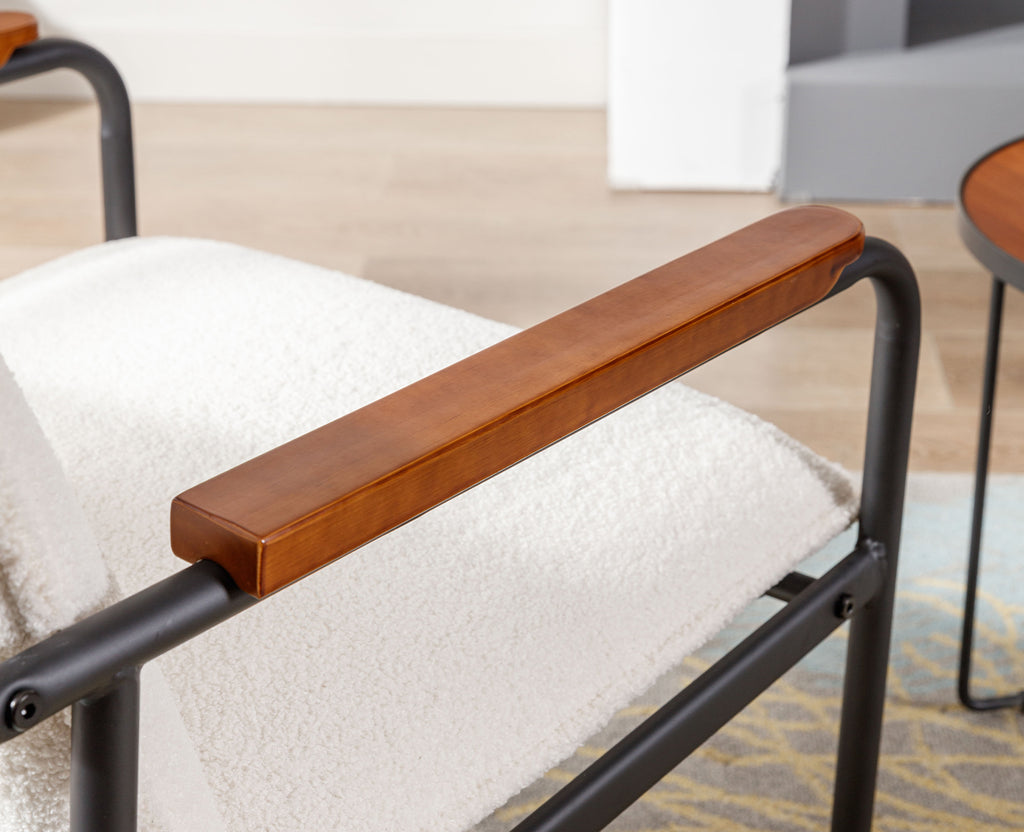 White Sherpa Armchair with Wooden Armrests and Metal Legs A526070