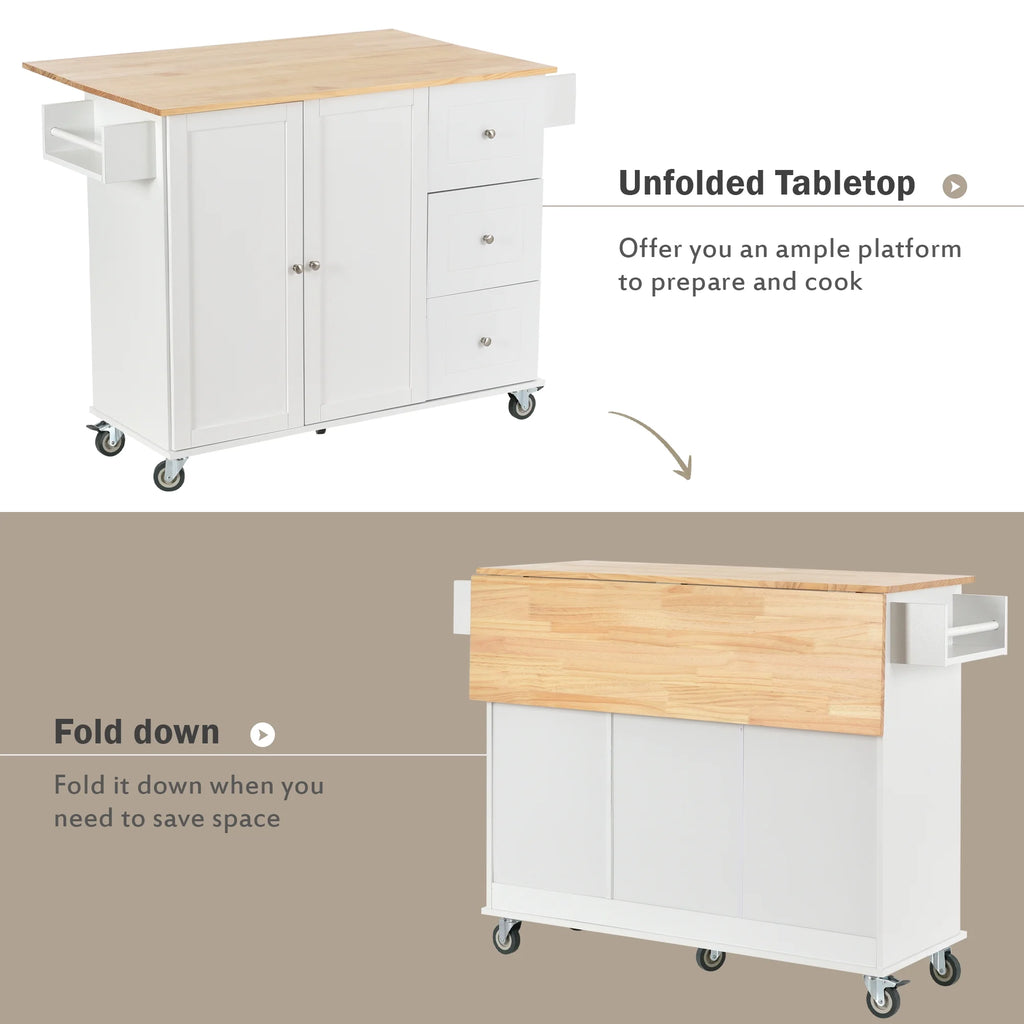 White Dining Island Cart with 2 Lockable Wheels and Drop-Leaf Tabletop G151611