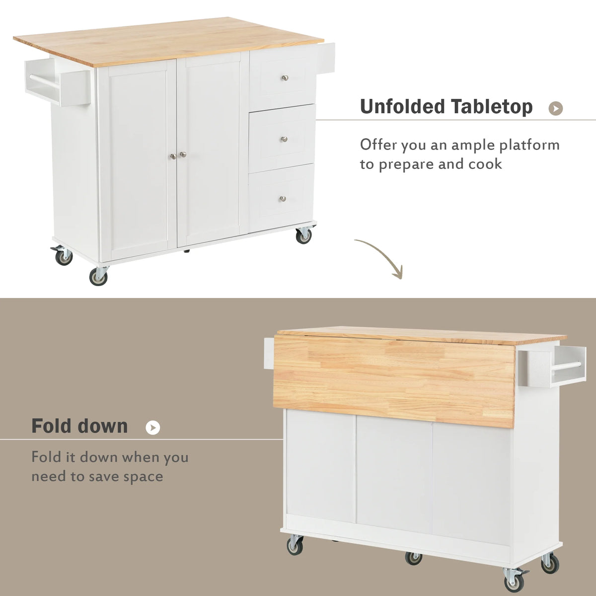 White Dining Island Cart with 2 Lockable Wheels and Drop-Leaf Tabletop G151611