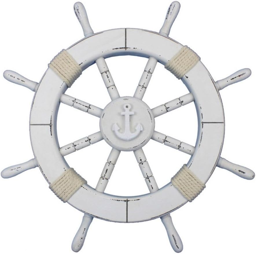 Rustic White Decorative Ship Wheel with Anchor 18 D178