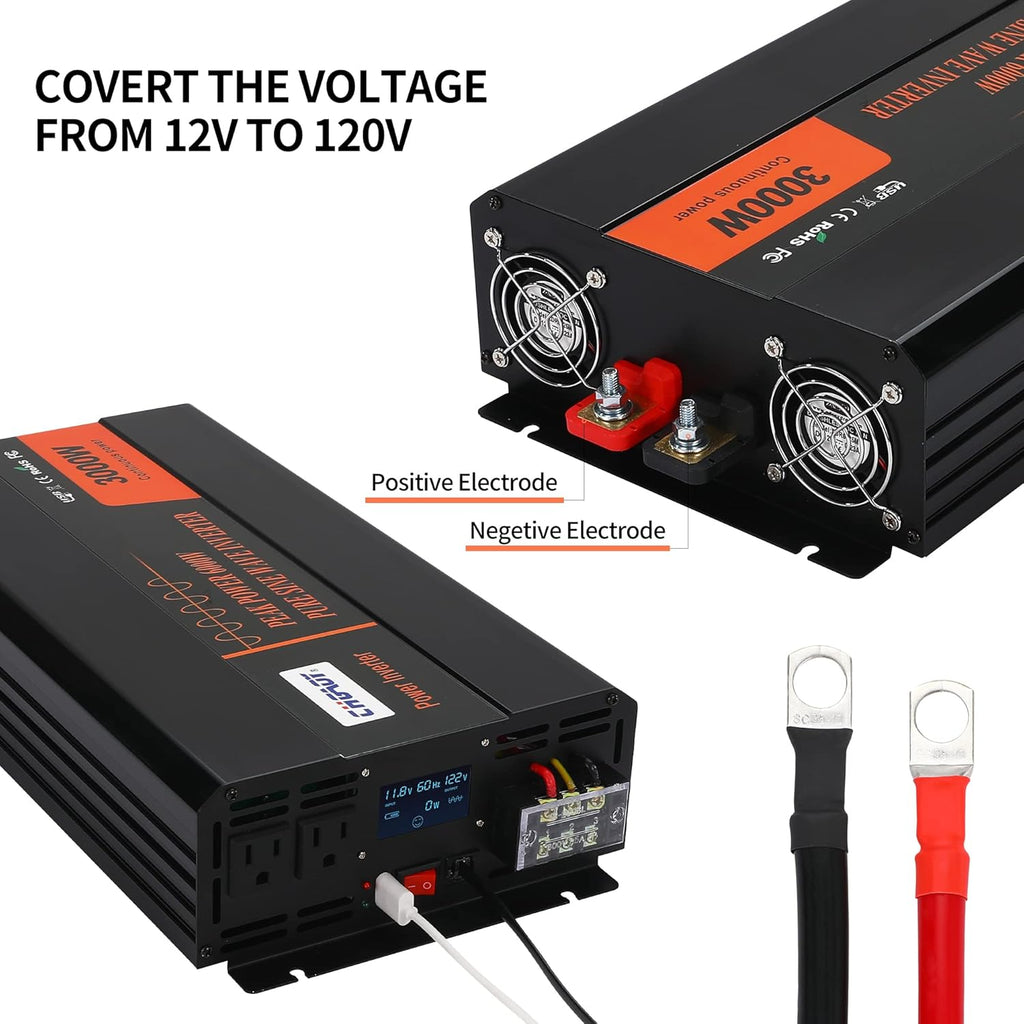 2000W Pure Sine Wave Power Inverter DC 12V to AC 120V with LCD Display Remote Control USB Port C3086