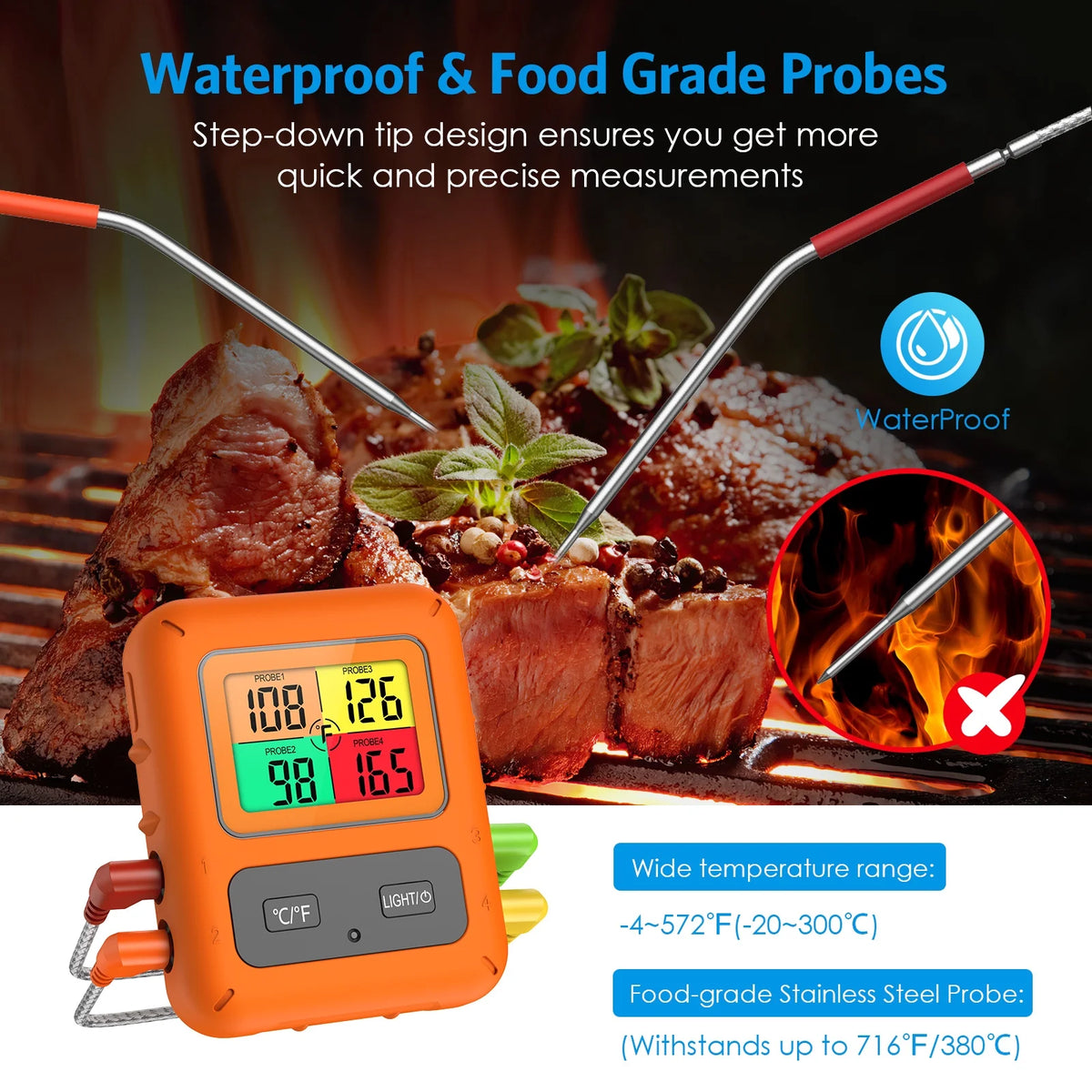 Wireless Meat Thermometer with 4 Meat Probes B864356