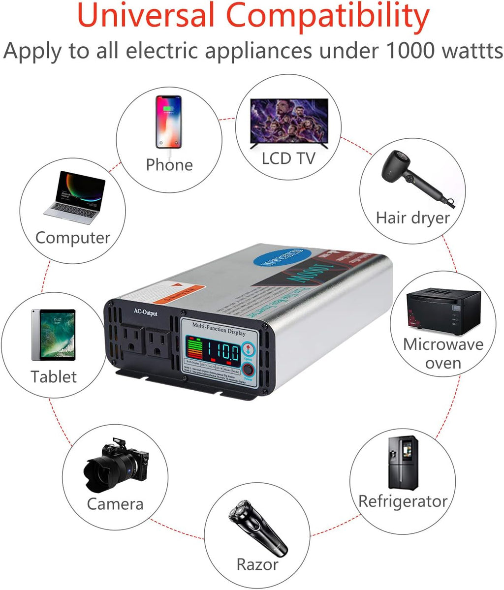 1000W Pure Sine Wave Power Inverter 12V DC to 110V AC with LCD Display 2 AC Outlets E745684