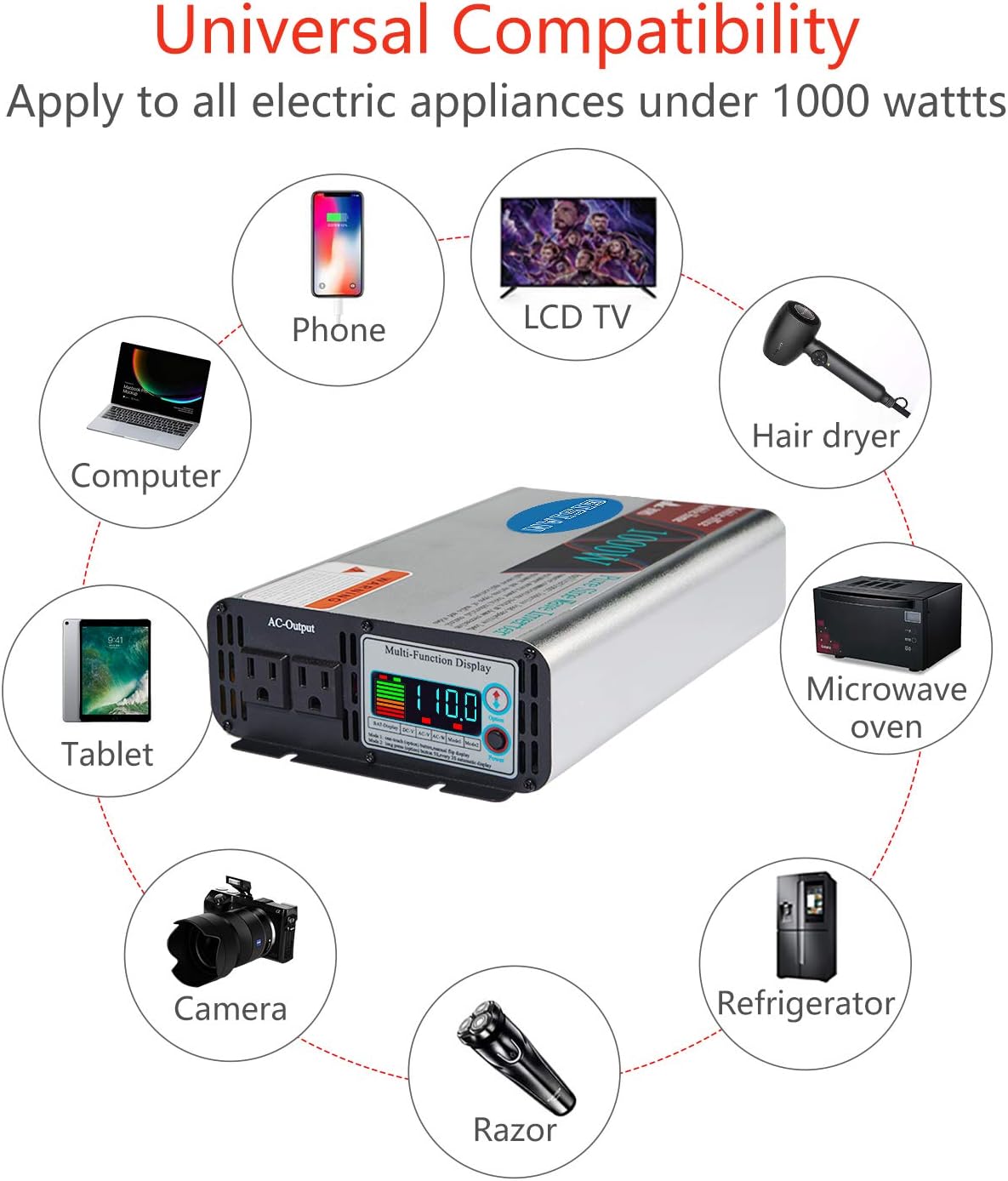 1000W Pure Sine Wave Power Inverter 12V DC to 110V AC with LCD Display 2 AC Outlets E745684