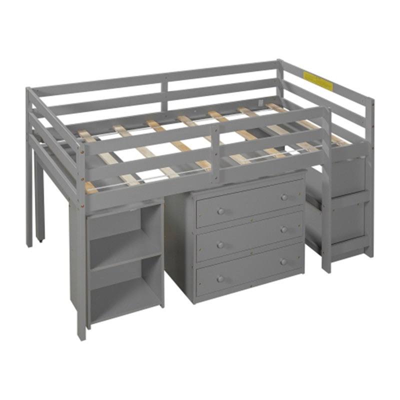 Gray Twin Size Wooden Loft Bed with Rolling Desk and Cabinet C59307