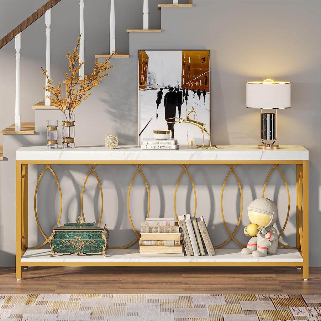 White Gold 2-Tier Faux Marble Console Table Z335
