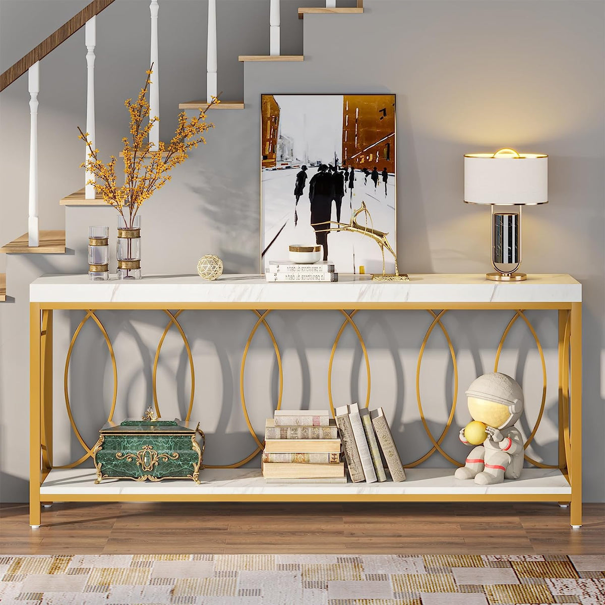 White Gold 2-Tier Faux Marble Console Table Z335