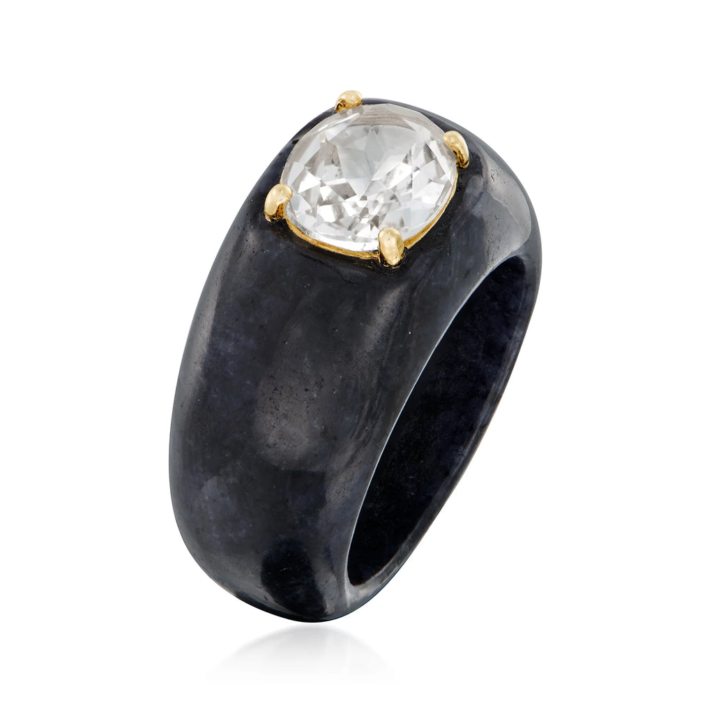Black Jade and White Topaz Ring With 14kt Yellow Gold K2905