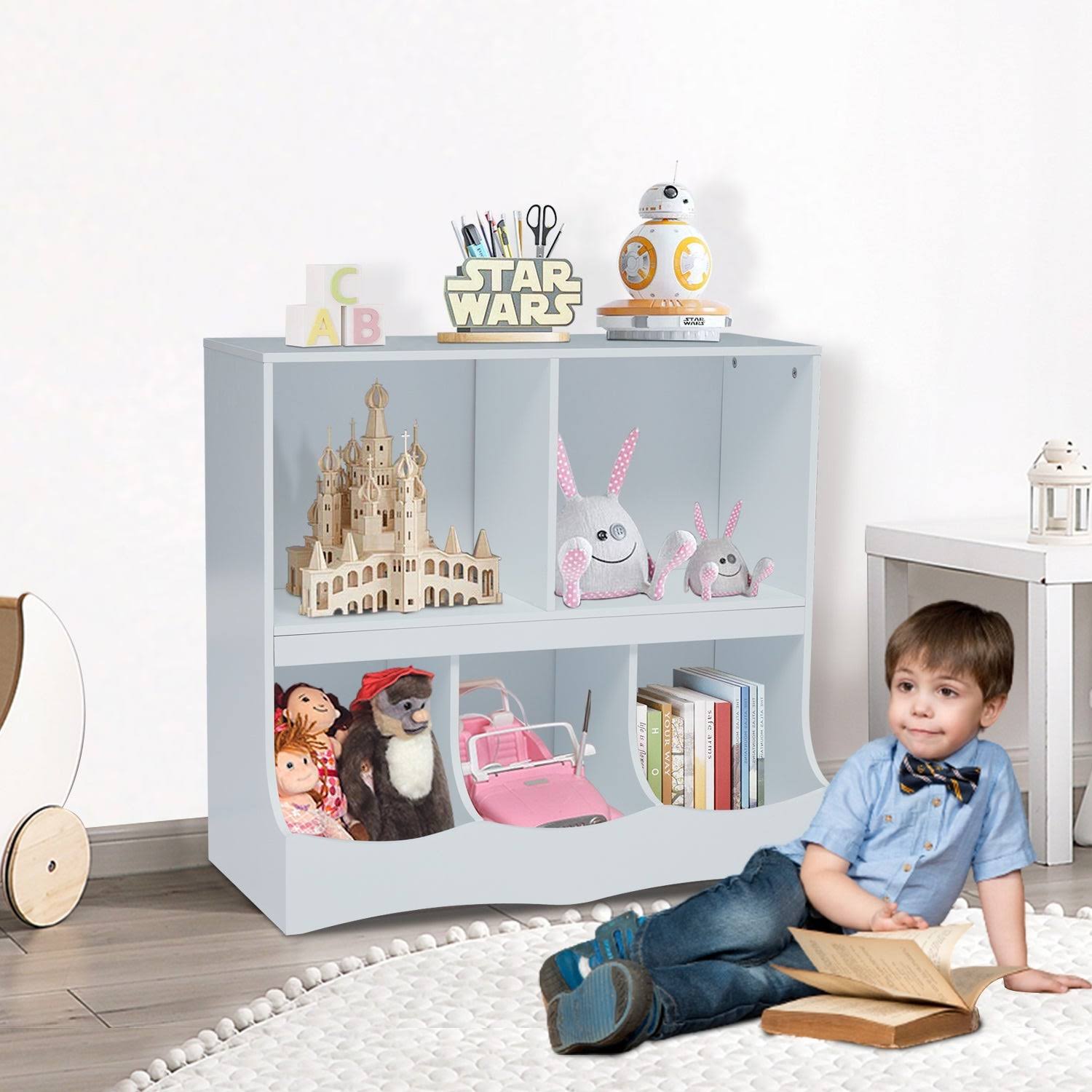Kids Multi-Bin Storage Organizer Cabinet Bookcase with 2 Shelf and 3 Bin Cubby Unit N3334