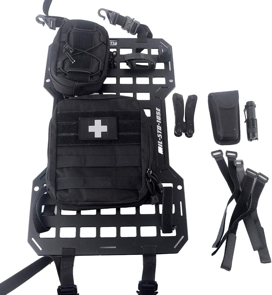Tactical Rigid Aluminum Insert Panel with 2 Organizer Storage Bag, 1 Multi-Function Tool, 1 Flashlight and 5 Fastening Tape Modular Storage Platform Tool Seat Cover Storage MOLLE Panel P101544