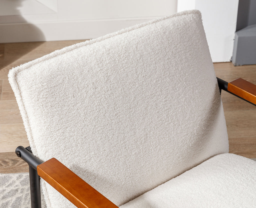 White Sherpa Armchair with Wooden Armrests and Metal Legs A526070