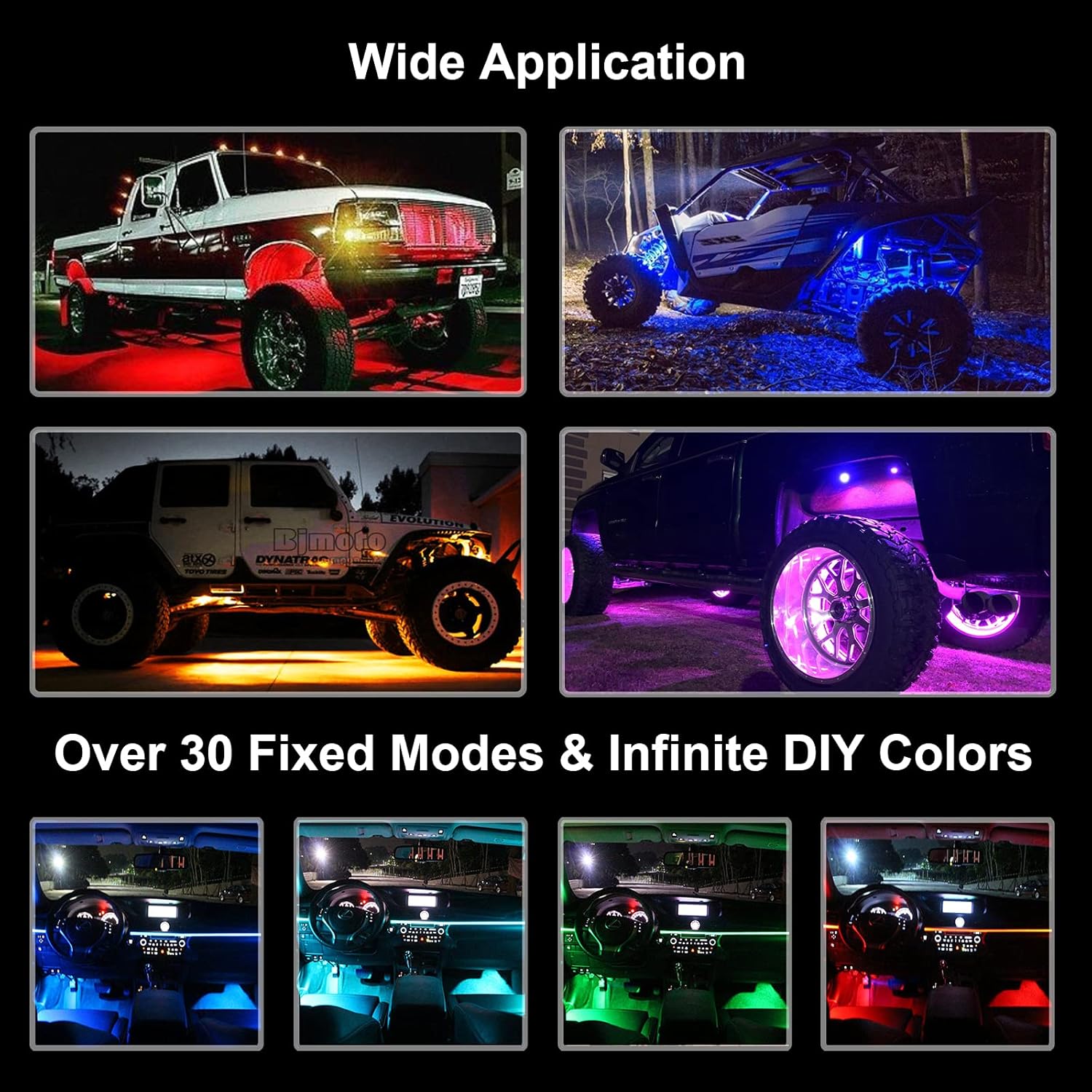6 Pods RGB LED Rock Lights + 4Pcs RGB Interior LED Lights, Waterproof Music Colors Changing Modes APP Remote Control Neon LED Light Kit N9160
