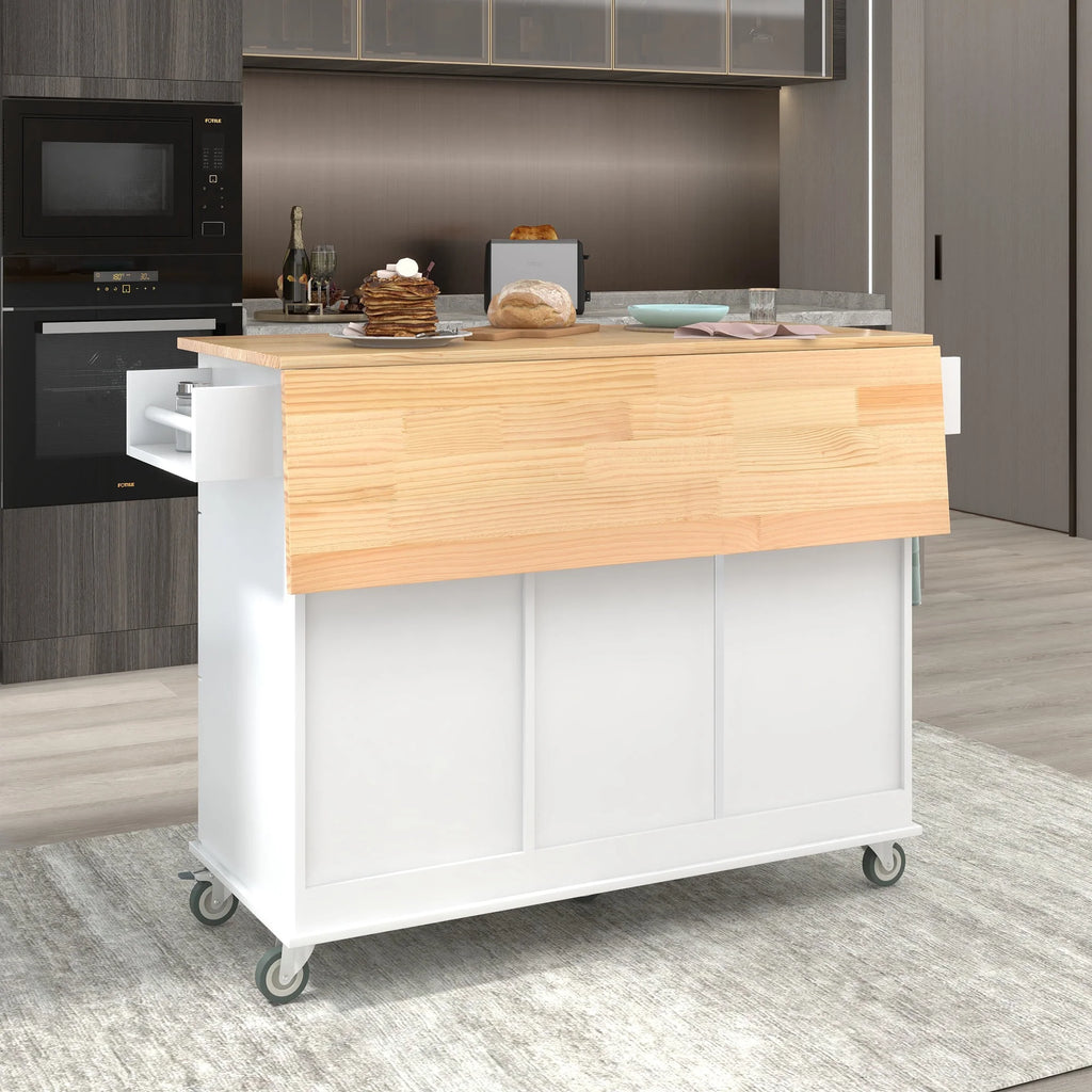 White Dining Island Cart with 2 Lockable Wheels and Drop-Leaf Tabletop G151611