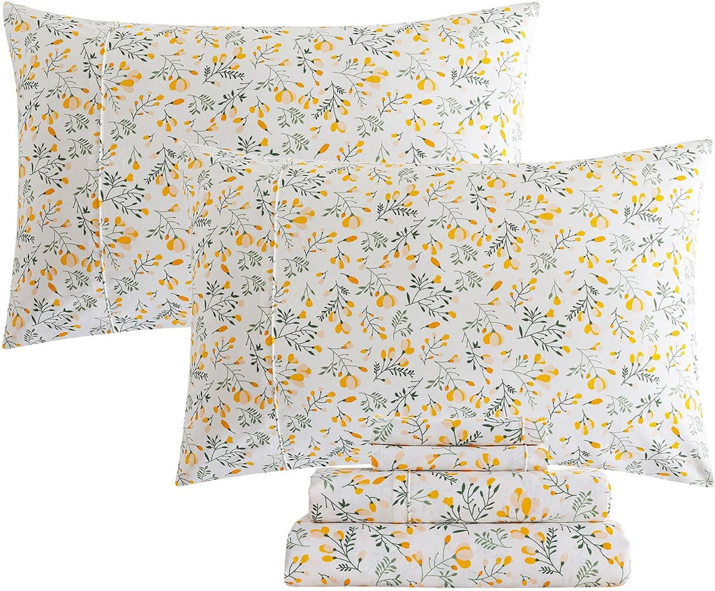 White Printed Cotton Bed Sheets, 4 Pcs, Full D211385