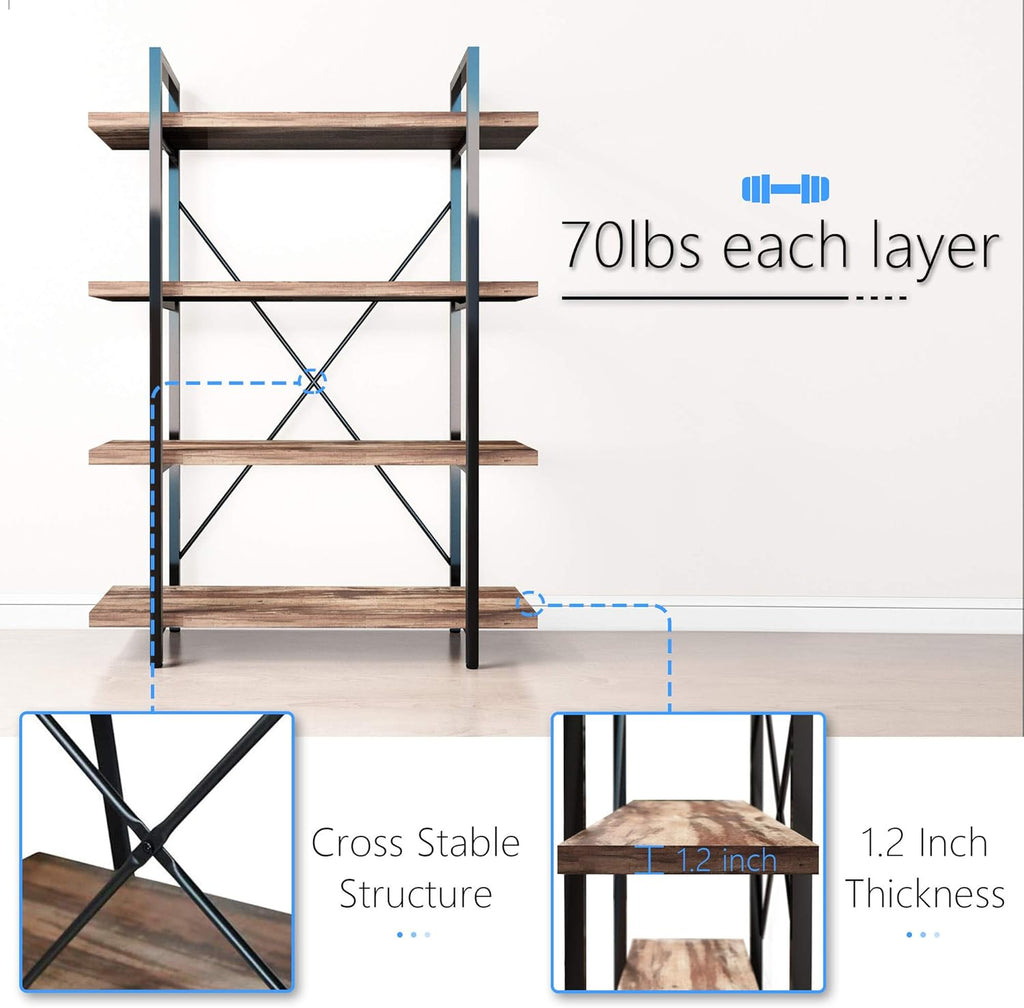 Vintage Brown 4-Tier Metal and Wood Bookshelf F16114