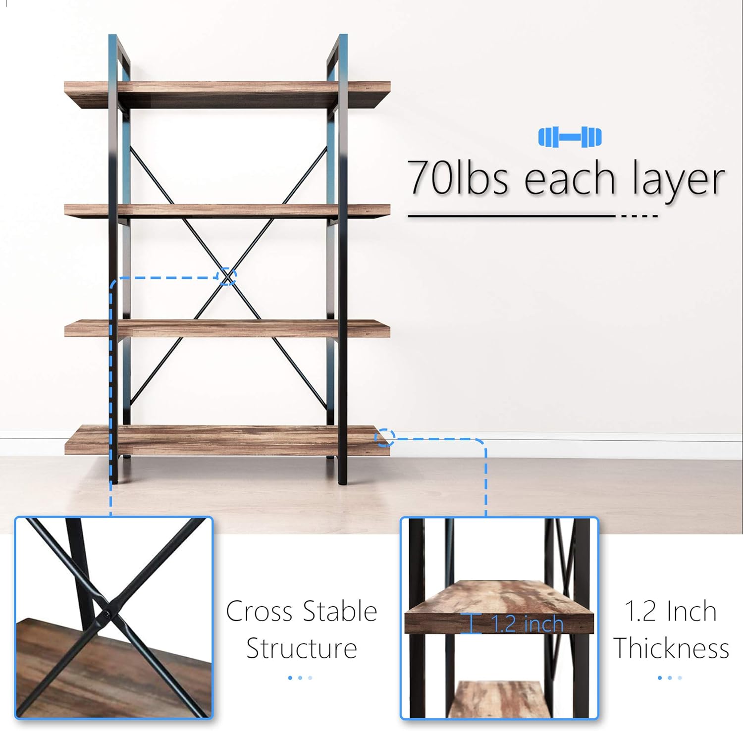 Vintage Brown 4-Tier Metal and Wood Bookshelf F16114