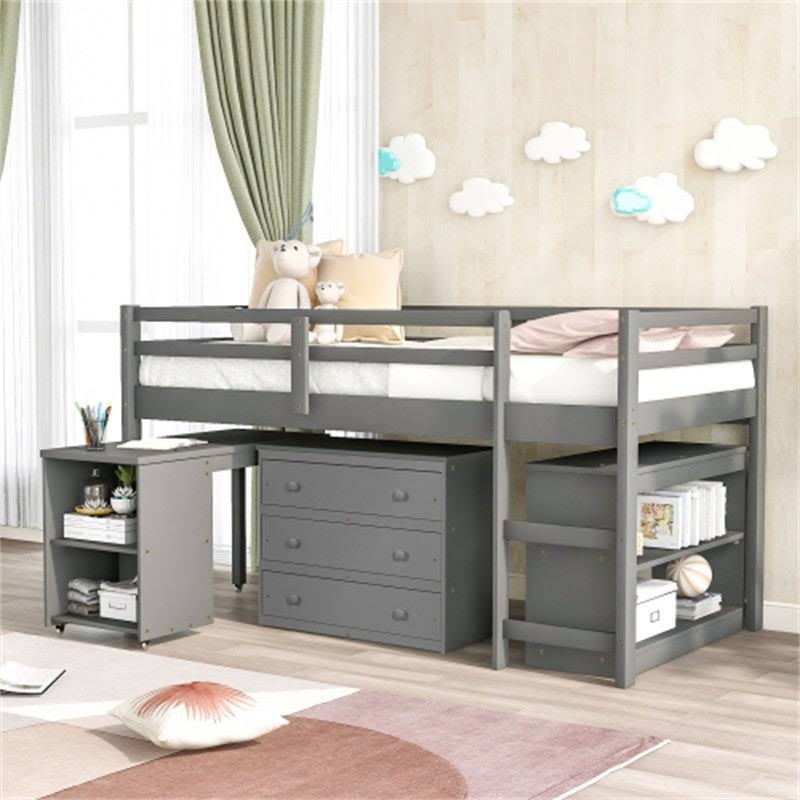 Gray Twin Size Wooden Loft Bed with Rolling Desk and Cabinet C59307
