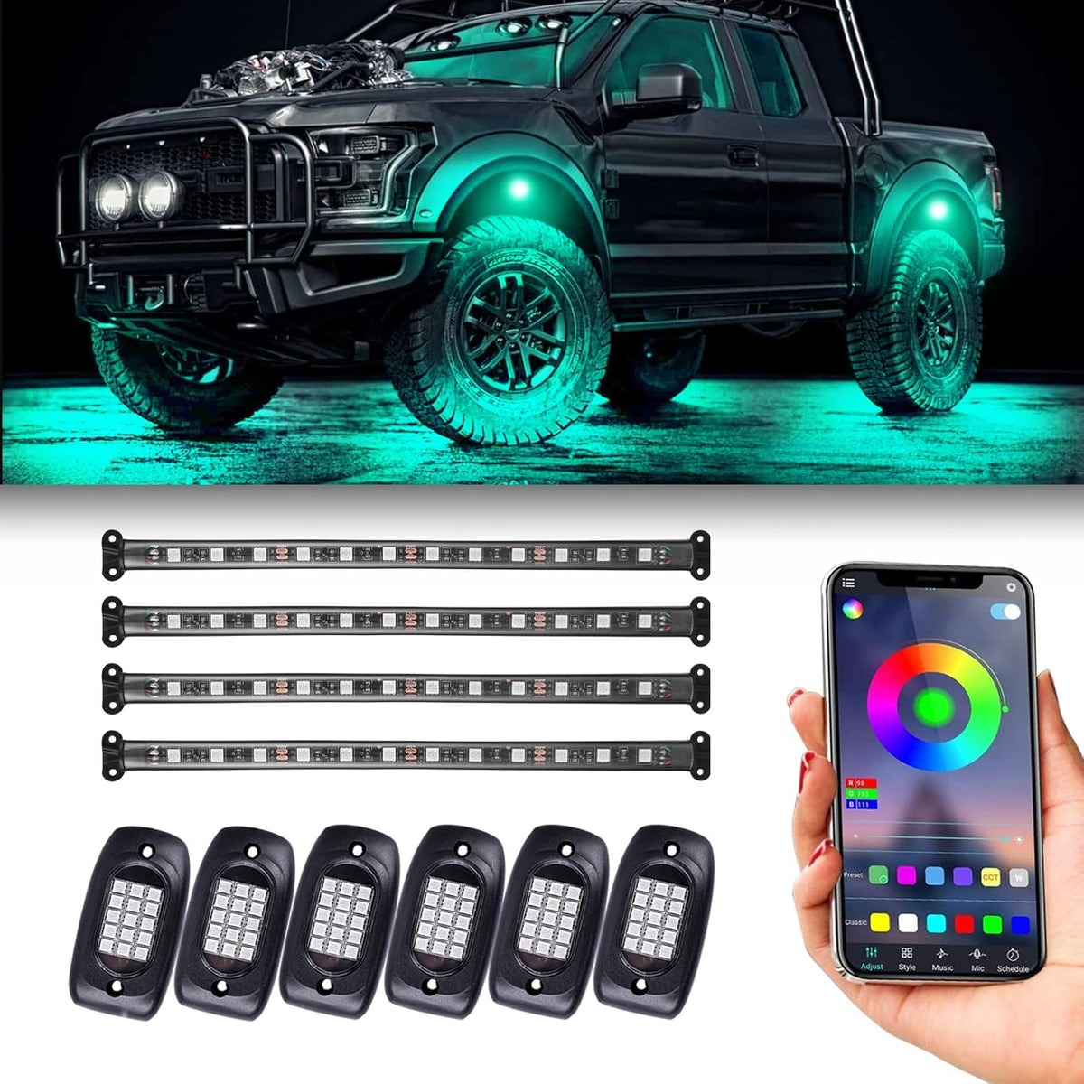 6 Pods RGB LED Rock Lights + 4Pcs RGB Interior LED Lights, Waterproof Music Colors Changing Modes APP Remote Control Neon LED Light Kit N9160