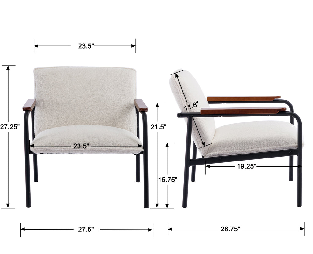White Sherpa Armchair with Wooden Armrests and Metal Legs A526070