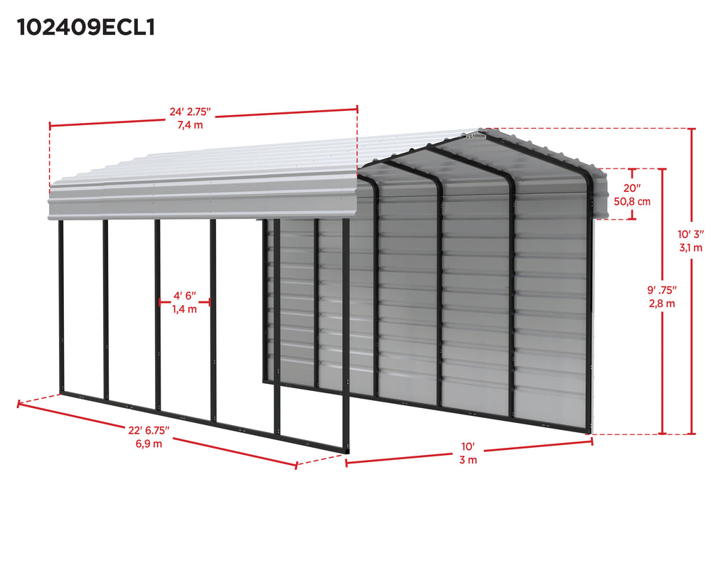 Galvanized Steel Carport Kit, 10' x 24' x 9', Charcoal U79728