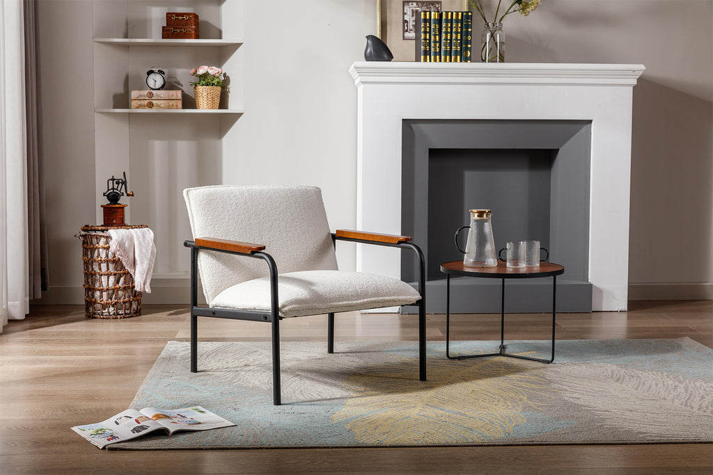 White Sherpa Armchair with Wooden Armrests and Metal Legs A526070