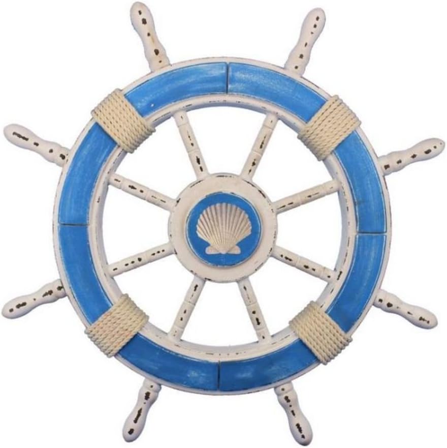Rustic White Decorative Ship Wheel with Anchor 18 D178