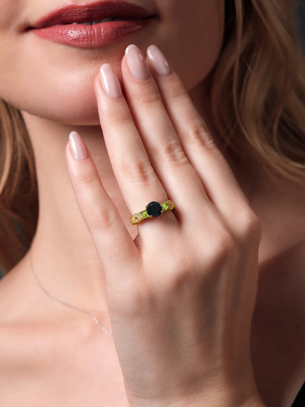 18K Yellow Gold Plated Silver Black Onyx Green Peridot White Moissanite Engagement Ring W678