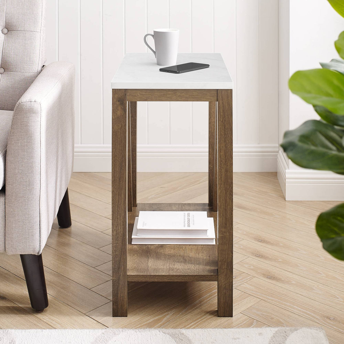 White Faux Marble/Natural Walnut Open Storage Side Table I3569